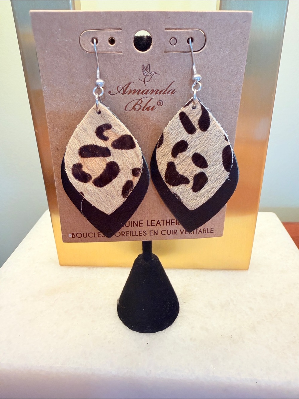 Leopard Print Layered Teardrop Earrings - Black & Cream
